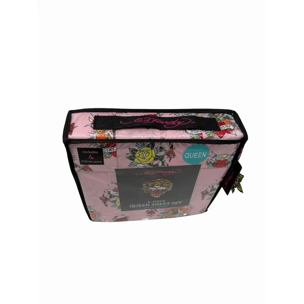 Ed Hardy 6-Piece Queen Size Sheet Set Pink Eagle Hearts  Print New